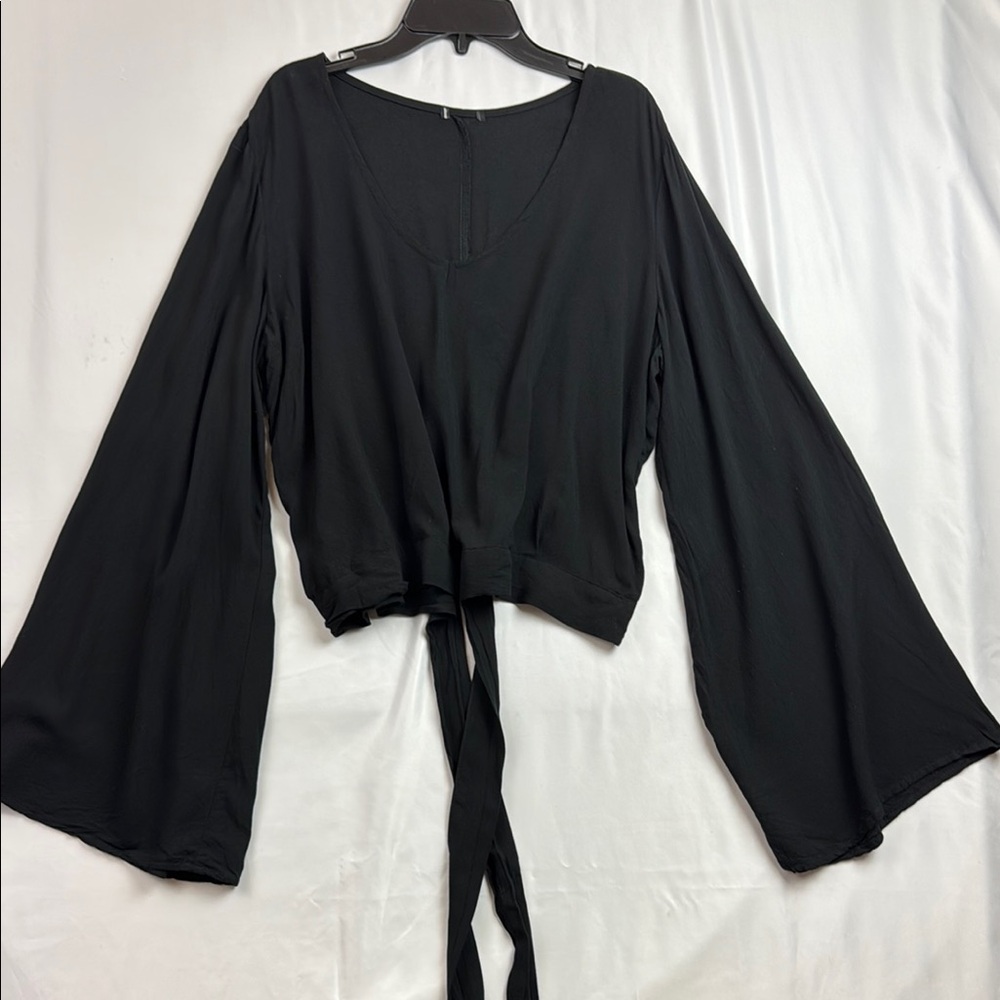 Black V-Neck Front and Tie Back Blouse with Flowing Bell Sleeves
